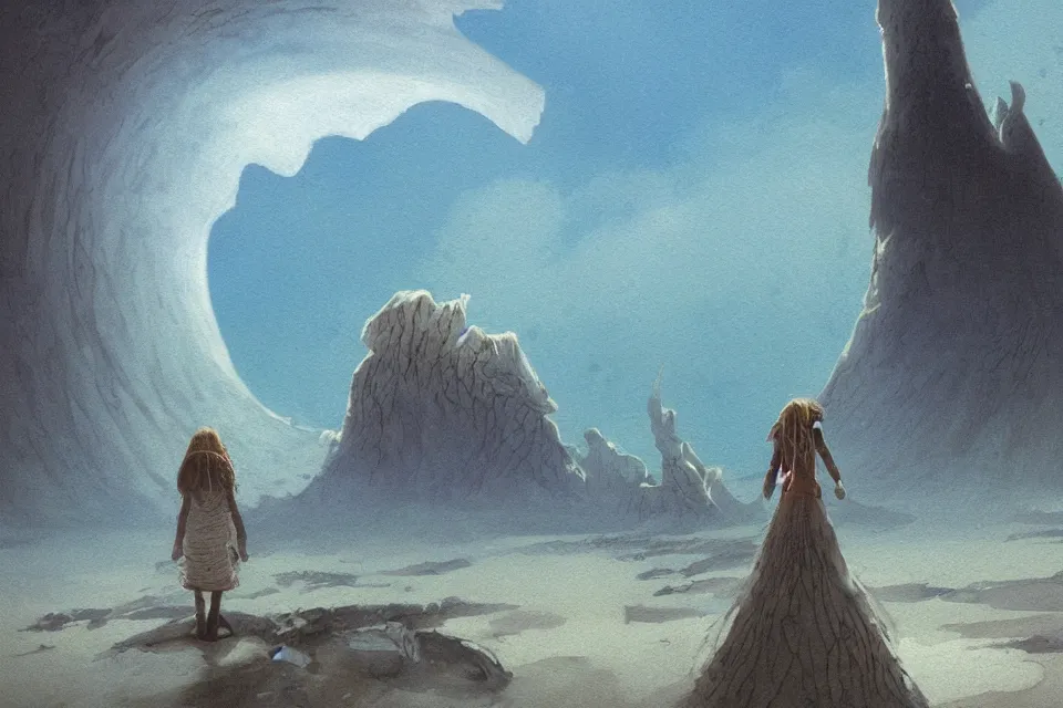 Image similar to atmospheric dreamscape painting of a giant seashell castle, a young girl stands outside, by moebius and john harris, atmospheric blues, concept art, saturation 40