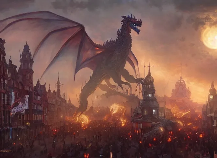 Prompt: giant nordic hell dragon attacking a victorian town during a parade, highly detailed, digital illustration, artstation, concept art, matte, sharp focus, illustration, dramatic, full moon, art by artgerm and greg rutkowski and alphonse mucha