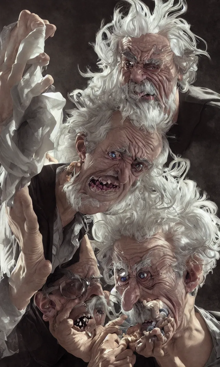 Image similar to hyper realistic grotesque portrait of an old drunk rick sanchez, from rick and morty, white hair, interdimentional portal in the background by lee bermejo, alphonse mucha and greg rutkowski