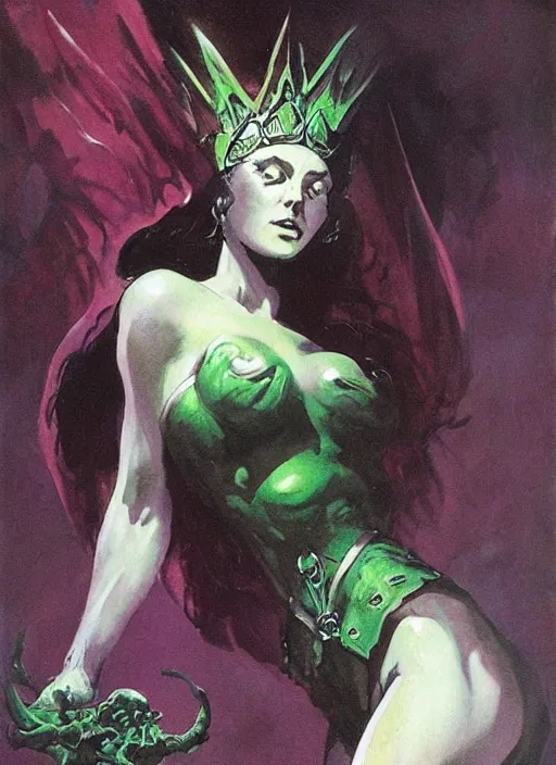 Prompt: mighty female necromancer sorceress, green tiara, strong line, deep color, beautiful! coherent! by frank frazetta, by brom, low angle