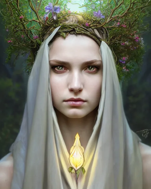 Prompt: beautiful female druid, portrait, fantasy, young, symmetrical eyes, correct eyes proportion, beautiful iris, detailed, intricate, leaves and simple cloth, global lighting, digital art, digital painting, artstation, wlop, sharp focus, illustration, art by artgerm and greg rutkowski and alphonse mucha, 8 k