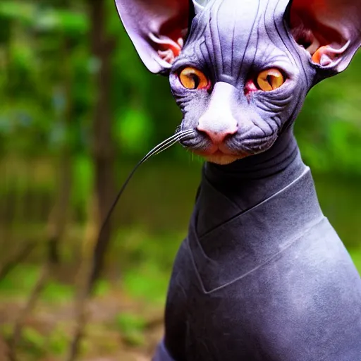 Image similar to samurai armor worn by hairless sphynx cat