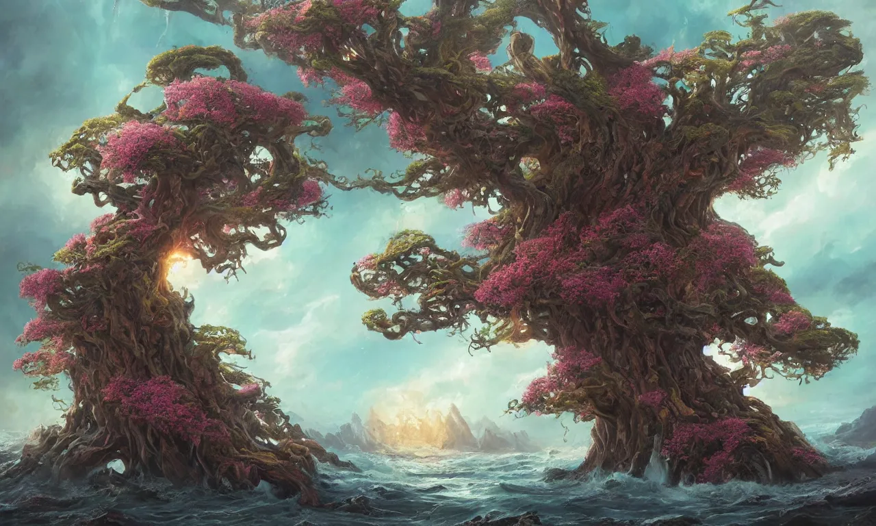 Prompt: a beautiful painting of a huge sacred, mystical, mysterious tree on an island blooming with exotic glowing flowers and bugs in the middle of a violent tumultuous sea by john blanche and greg rutkowski, trending on artstation, midjourney