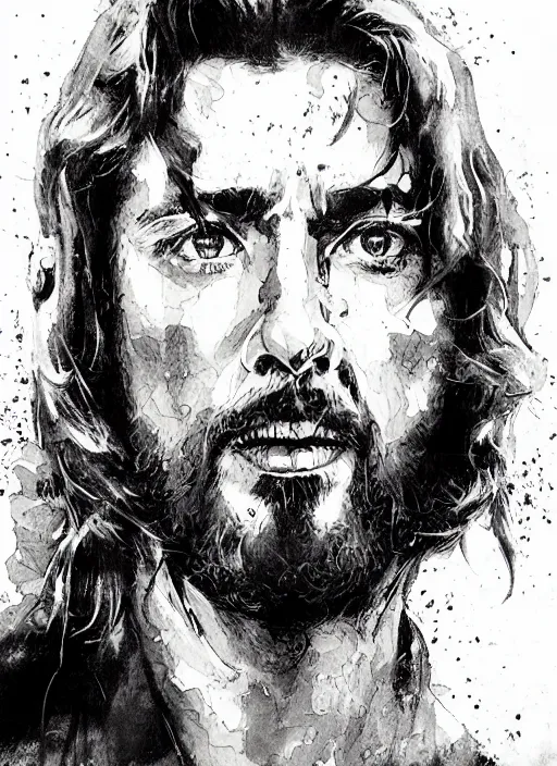 Image similar to portrait, Jesus as a cop in an 80s action movie, watercolor, dramatic lighting, cinematic, establishing shot, extremely high detail, foto realistic, cinematic lighting, pen and ink, intricate line drawings, by Yoshitaka Amano, Ruan Jia, Kentaro Miura, Artgerm, post processed, concept art, artstation, matte painting, style by eddie mendoza, raphael lacoste, alex ross