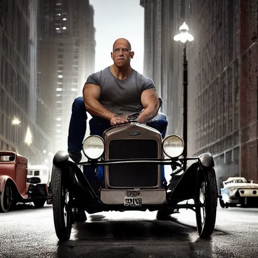 Image similar to very closeup photo of vin diesel as tommy angelo standing near ford model t, chicago 1 9 3 0, night, volumetric lighting, ultra realistic, highly detailed, cinematic, art by jan urschel and neil blevins