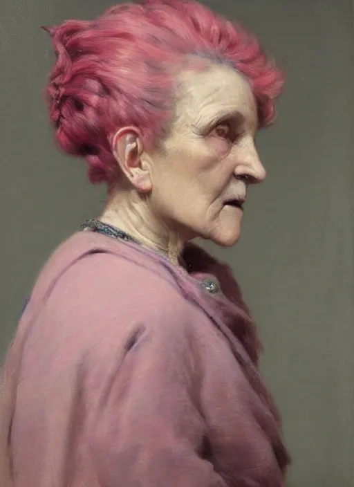 Prompt: a detailed portrait of old woman with a mohawk by edouard bisson, year, 1 9 2 0, pink hair, punk rock, oil painting, muted colours, soft lighting
