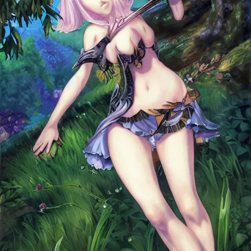 Prompt: a female knight resting in a glade, vanillaware artwork, george kamitani