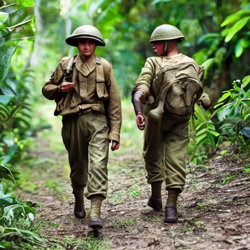 Image similar to world war 2 soldiers walking in the jungle, detailed, clean, realistic