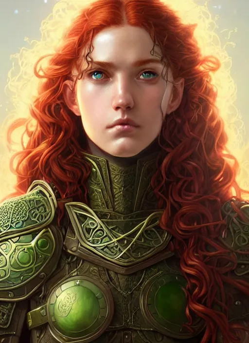 Image similar to ranger, light armor!!! long curly red hair!! covered chest!!! green eyes, fantasy, d & d, intricate ornate details, digital painting, pretty face!!, symmetry, concept art, sharp focus, illustration, art by artgerm! greg rutkowski magali villeneuve wlop! ilya kuvshinov!!, octane render
