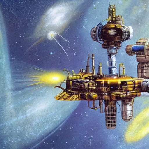 Image similar to abandoned beautiful space station, chris foss, terran trade authority