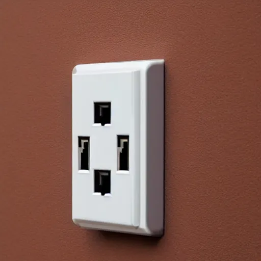 Prompt: a power outlet with 4 power sockets, each power socket has a different smart plug inserted into the socket