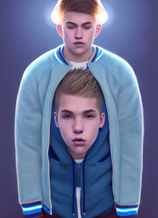 Image similar to portrait of high school senior boy named big moose, blonde short hair, jock, beefy, wide face, square jaw, square facial structure, blue varsity jacket with letter r, intricate, elegant, glowing lights, highly detailed, digital painting, artstation, concept art, sharp focus, illustration, art by wlop, mars ravelo and greg rutkowski