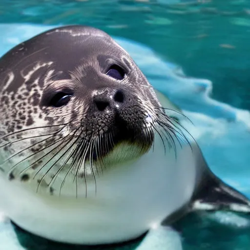 Prompt: cute bouncing round ringed seal, osaka aquarium, photo