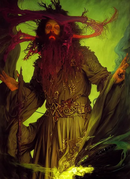 Image similar to wizard casting acid splash, dnd character art portrait, dark fantasy art, intricate fantasy painting, dramatic lighting, vivid colors, deviantart by edgar maxence and caravaggio and michael whelan and delacroix.