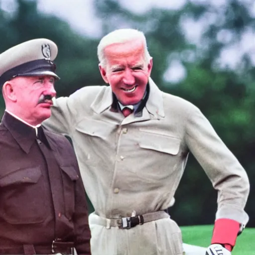 Prompt: UHD candid color photo of Hitler and Joe Biden playing golf, accurate faces, UHD, photorealistic, correct face, photo by Annie Leibowitz