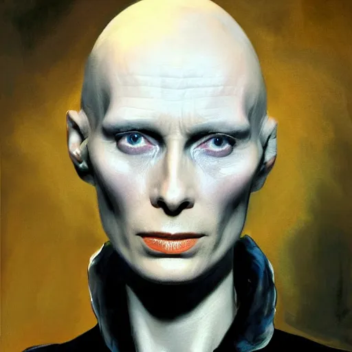 Image similar to ultra realistic portrait painting of tilda swinton as lord voldemort, art by frank frazetta, 4 k, ultra realistic, highly detailed, epic lighting