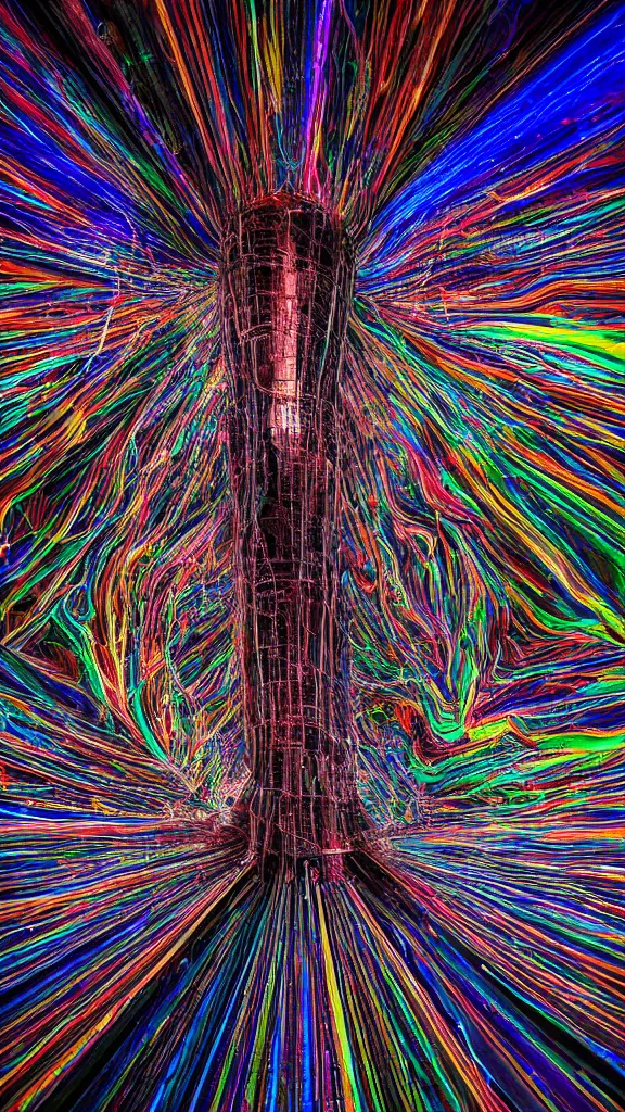 Image similar to macro photography of the giant psychedelic magical machine embedded within the mountain, wind machinery, hadron collider, super conducters, fibre optics, reactor circuits, isometric, cool dark tones in the style of Luis García Mozos