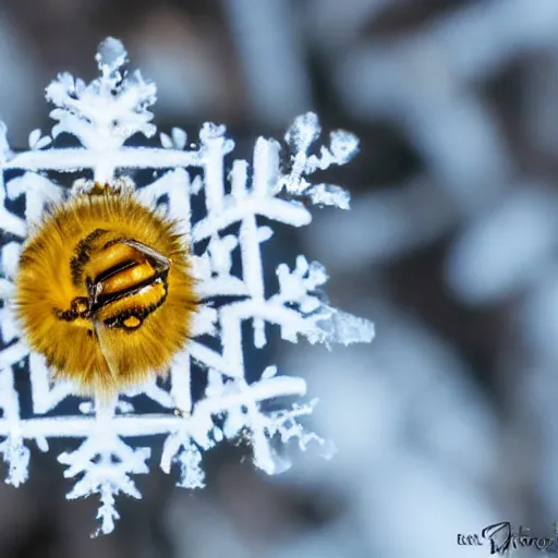 Image similar to a bee finding a beautiful snowflake flower, only snow in the background, beautiful macro photography, ambient light