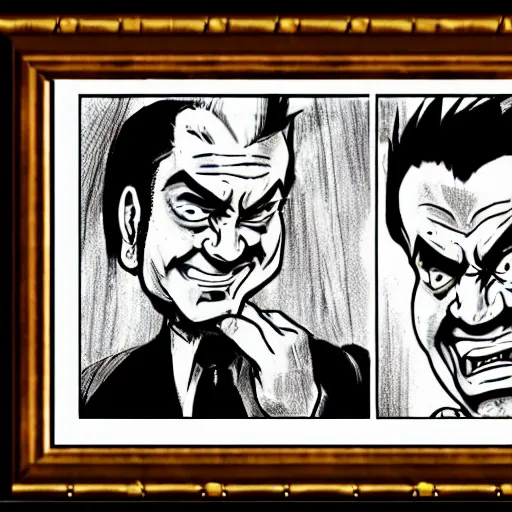 Prompt: simple caricature drawing of angry Joe Pesci, black and white manga panel, expressive, art by Nobuyuki Fukumoto