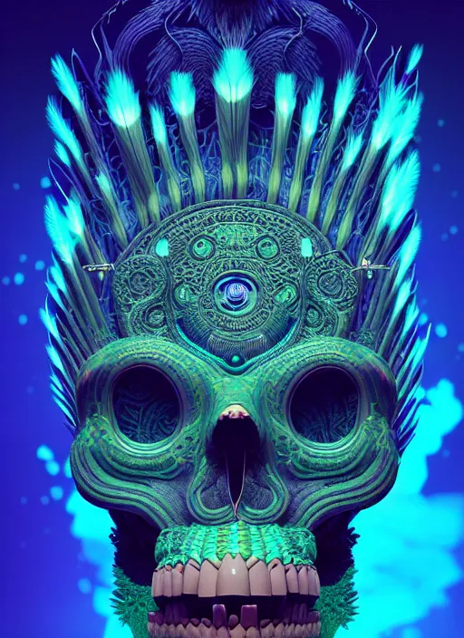 Image similar to 3 d totem portrait, sigma 5 0 0 mm f / 5. beautiful intricate highly detailed quetzalcoatl skull and feathers. bioluminescent, plasma, lava, ice, water, wind, creature, thunderstorm! artwork by tooth wu and wlop and beeple and greg rutkowski, 8 k trending on artstation,