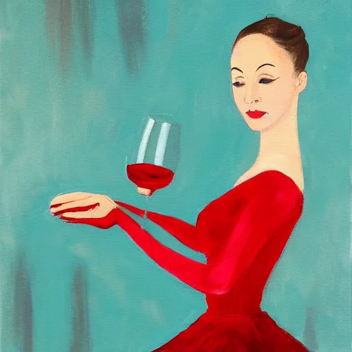Prompt: painting of a ballerina drinking wine in a teal room, red background