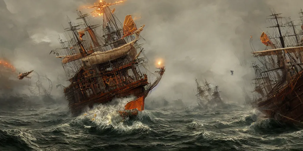 Image similar to there once was a ship that put to sea, the name of the ship was the billy of tea, the winds blew up, her bow dipped down, oh blow, my bully boys, blow by alan lee, intricate, highly detailed, digital painting, artstation, concept art, smooth, sharp focus, illustration, vfx