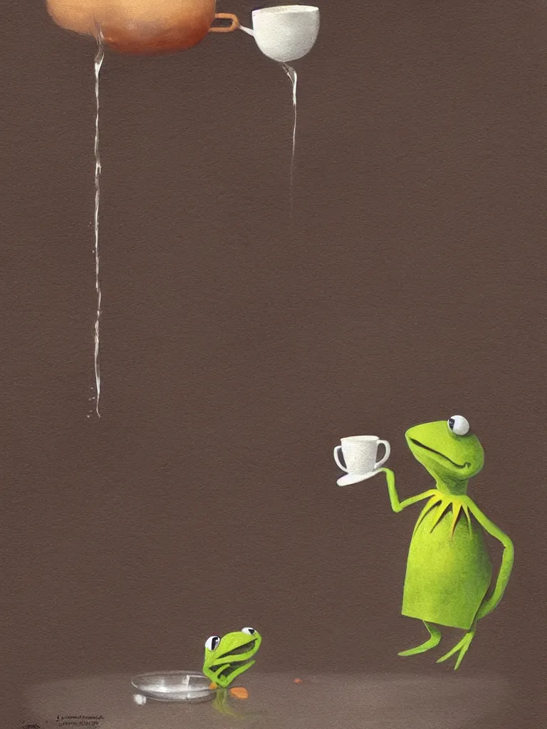 Image similar to kermit offers a cup of fresh steaming coffee, serene illustration, by Yoshita Amano, by Esao Andrews, sharp focus, fresh colors, conceptart, trending on artstation