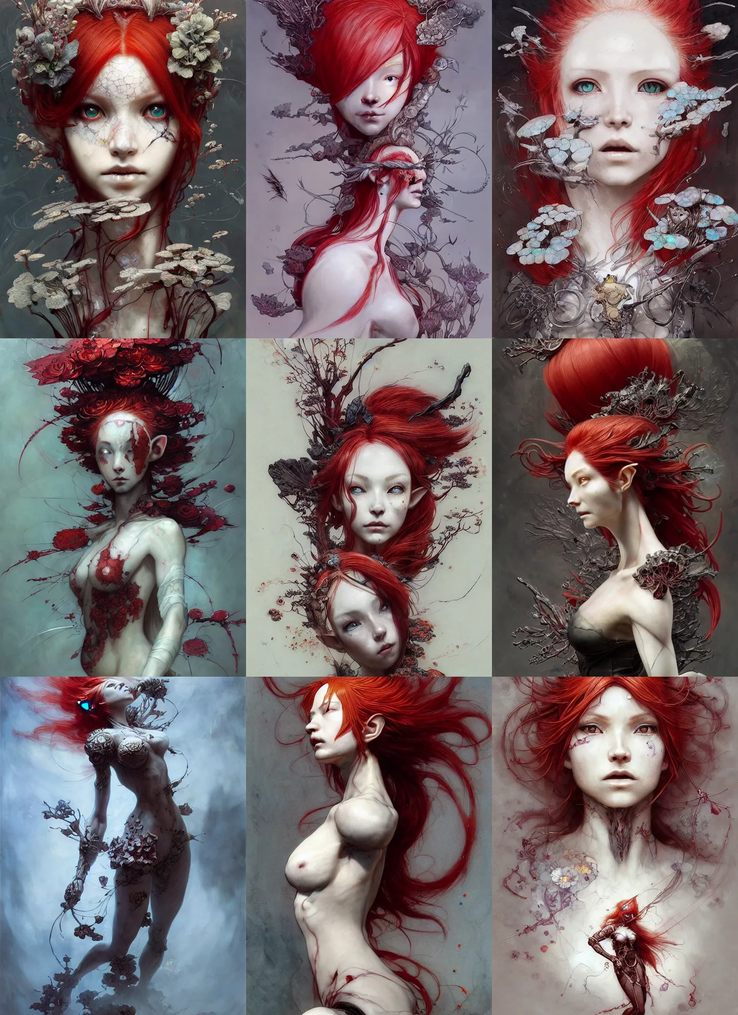 Prompt: a beautiful elf girl with red hair, carved from opal by tsutomu nihei, emil melmoth, zdzislaw belsinki, Craig Mullins, yoji shinkawa, trending on artstation, flowers of hope by Jean-Honoré Fragonard, Peter mohrbacher, hyper detailed, insane details, intricate, elite, art nouveau, ornate, liquid wax, elegant, luxury, full body, lovely, romantic, passionate, CGsociety, hypermaximalist, golden ratio, environmental key art, octane render, weta digital, ray trace, 8k, symmetrical