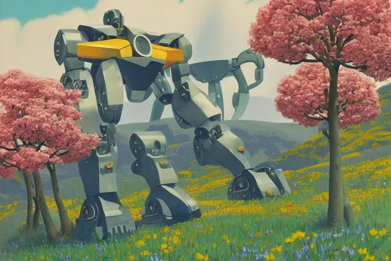 Image similar to giant mecha robot, blooming hills with spring flowers and pillars by helen lundeberg