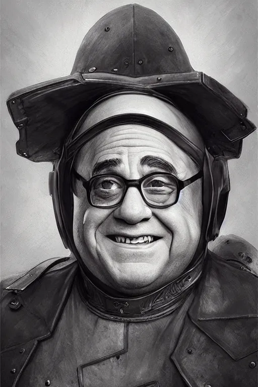 Prompt: portrait of danny devito wearing Elgast's helm by artgerm and Craig Mullins, James Jean, Andrey Ryabovichev, Mark Simonetti and Peter Morbacher 16k