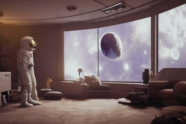 Prompt: photo realistic octane render of a living room in a space station with a sad astronaut looking out the window at earth