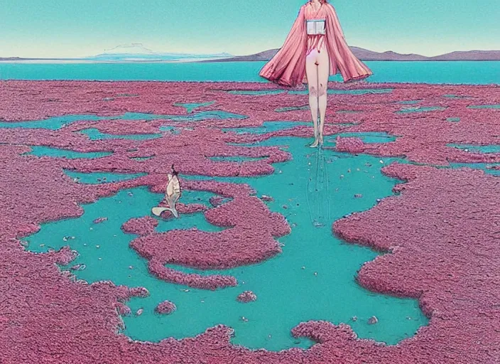 Image similar to lee jin - eun in luxurious dress emerging from pink and turquoise water in salar de uyuni with the ground reflecting the eclipse by takato yamamoto, nicola samuri, conrad roset, m. k. kaluta, martine johanna, rule of thirds, elegant look, beautiful, chic, face anatomy, cute complexion