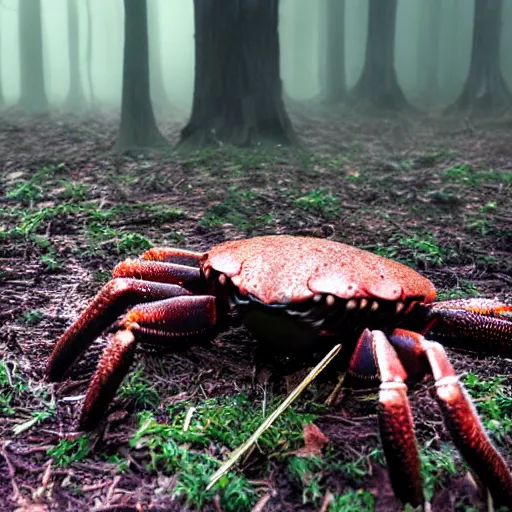 Image similar to eldritch crab being emerging from the ground in a hauntend forest, foggy mysterious, creepy, cinematic, dramatic, 8k, horror, highly detailed, sharp focus, dynamic lighting, photograph, texture