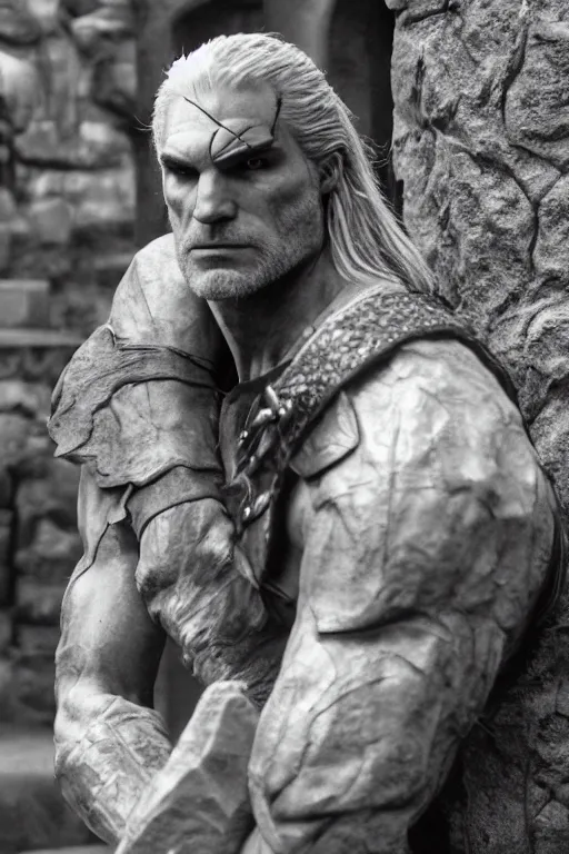 Image similar to geralt from the witcher as rodin's thinker, film still