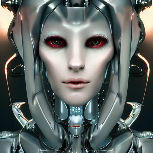 Image similar to eva elfie, chimeric organism, pale white skin, waist up portrait, biomechanical flesh, ex machina, organic steel, highly detailed, mendelbrot fractal, trending on artstation, cyberpunk, ghost in the shell, octane render uhd 4k