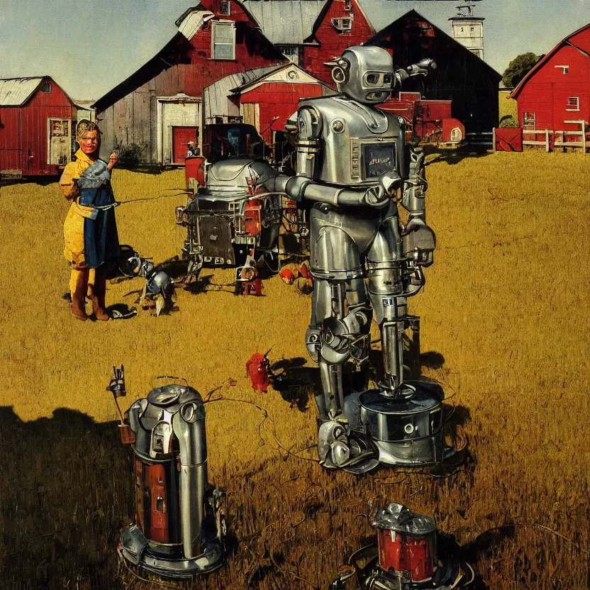 Image similar to portrait painting of a robot made of shiny reflective chrome in front of a barn and farm, painted by norman rockwell. agricultural scene. pulp sci - fi art for omni magazine. high contrast. dark background. baroque period, oil on canvas. renaissance masterpiece. trending on artstation. retrofuturism.