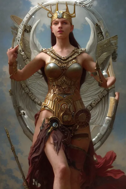 Prompt: Mystical Valkyrie, Portrait of a beautiful female Atlantean warrior, Regal, Realistic, Refined, Detailed Digital Art, Oil Painting, William-Adolphe Bouguereau, Art Frahm, Esao Andrews, Steampunk, Walt Disney (1937), Highly Detailed, Cinematic Lighting, Unreal Engine, 8k, HD