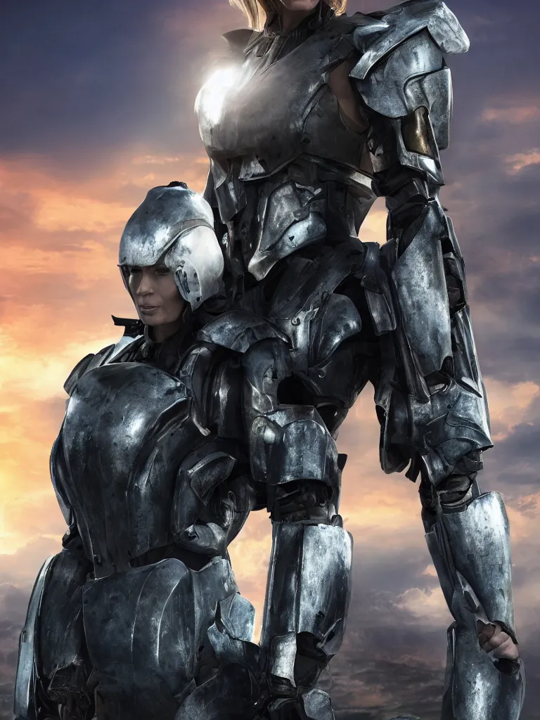 Image similar to emily blunt in futuristic power armor, close up portrait, solitary figure standing atop a pile of rubble, holding a sword on her shoulder, sunset and big clouds behind her