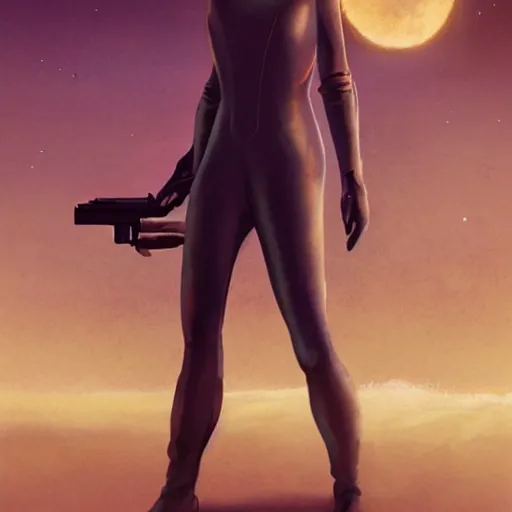 Prompt: pleiadian woman with big eyes and long silver hair wearing a dark body suit and holding a plasma gun standing in barren fields, sci fi portrait art by greg rutkowski