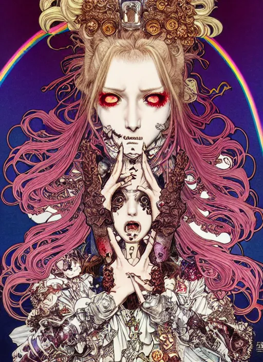 Image similar to highly detailed terada katsuya artstation ayami kojima manga poster of princess mechine open mouthed enraged damaged angry zombie, rainbow gradient reflection, long hair, armor, dress, laces, ruffles, 8 k, maximalist,, jump comics, tomer hanuka, alphonse mucha