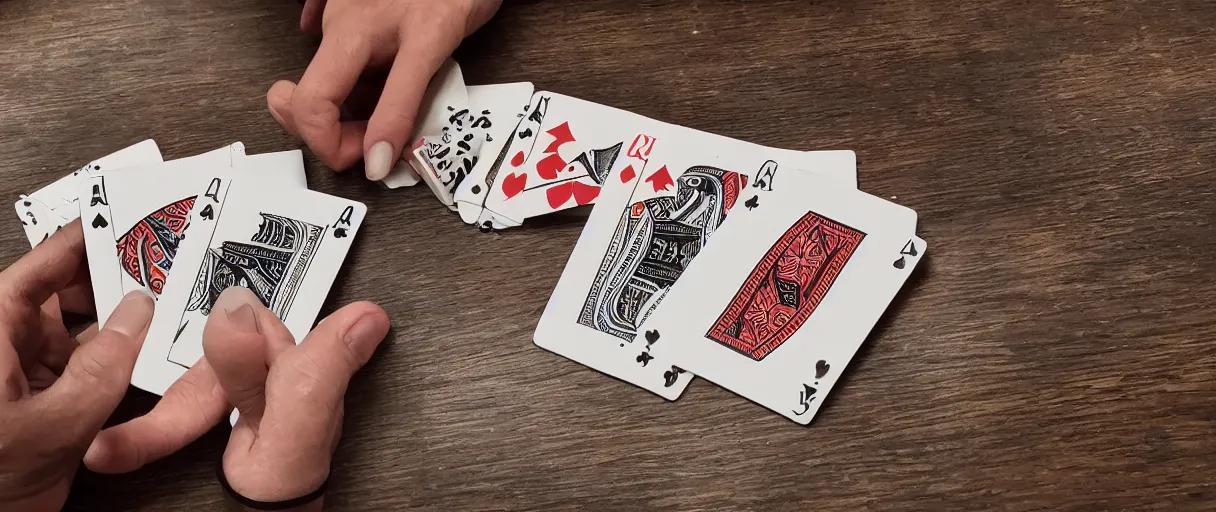 Prompt: a high quality color extreme creepy atmospheric wide dutch angle hd 4 k film 3 5 mm photograph of closeup of hands of caucasian men playing cards, smoking cigarettes with full ashtray on a table