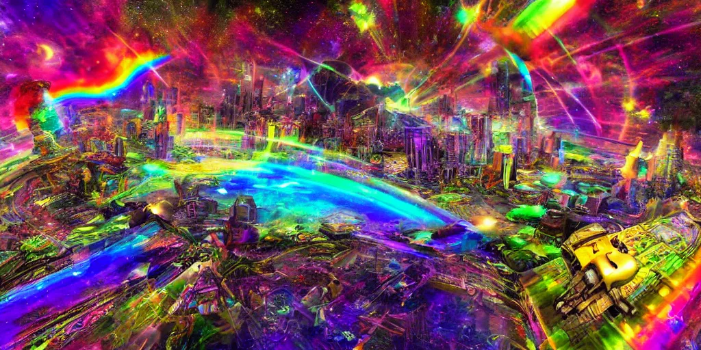 Prompt: proxima b psychedelic alien cityscape, light paint, macro, photorealistic, hyperrealistic, futuristic, in style of Lisa Frank, steampunk, cosmic, translucent, holographic, 32K, deep dream, rainbows, bright colors, high resolution, 4D, megapixel, UHD, HDR