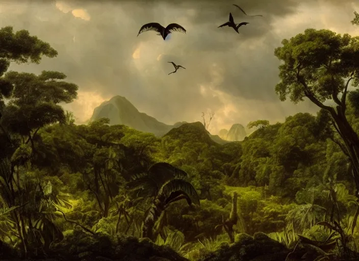 Prompt: a scene of the jurassic era, with extinct plants and tropical rain forests. a dark sky is looming above. very far away pteradactyls are seen flying high the sky in the distance, grassy meadows in the distance. in the style of hudson river school of art, oil on canvas