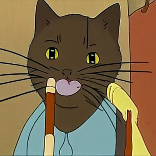 Image similar to a cat with a cigar in his mouth, studio ghibli