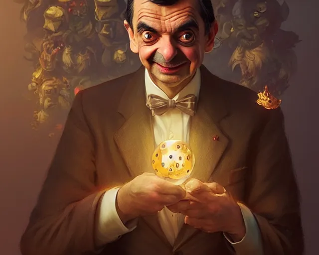 Prompt: mr bean looking very happy, photography of kurzgesagt, deep focus, d & d, fantasy, intricate, elegant, highly detailed, digital painting, artstation, concept art, matte, sharp focus, illustration, hearthstone, art by artgerm and greg rutkowski and alphonse mucha