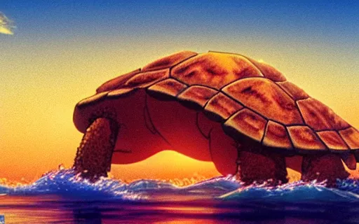 Prompt: an island with a giant castle on top held up by the shell of a giant turtle in the ocean, sunset, drawn by hayao miyazaki, studio ghibli film, hi res, high detail, 4k