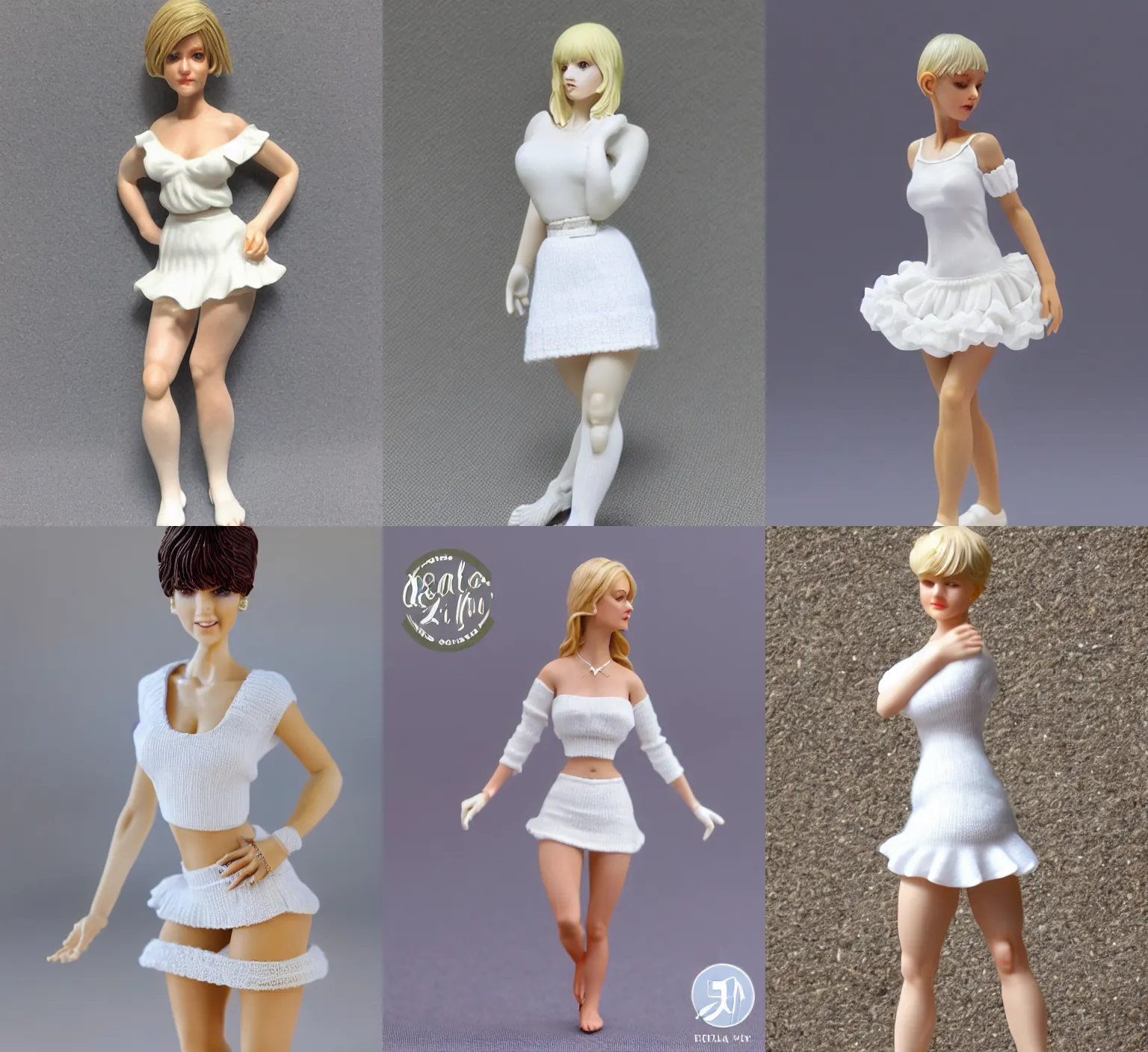 Prompt: 80mm resin detailed miniature of a beautiful lady, clothed in white shirt, Ruffled mini skirt, olive skin, short blond hair, arm cover, white knitted tights, beautiful bone structure, symmetrical facial features, Product Introduction Photos, 4K, Full body