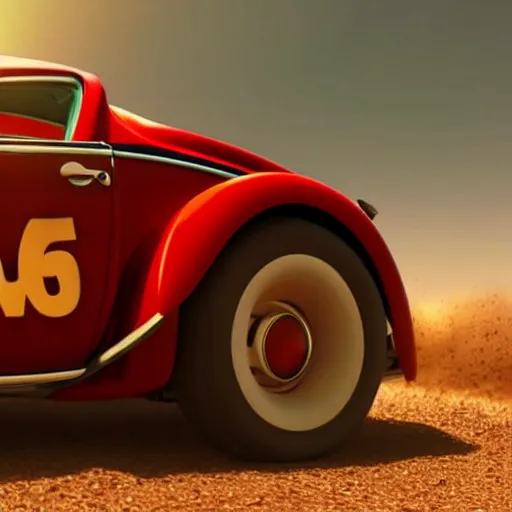 Image similar to promotional movie close - up of a ( volkswagen beatle ) car and insect lady bug hybrid. it is racing down a dusty back - road. cinematic, 4 k, imax, 7 0 mm