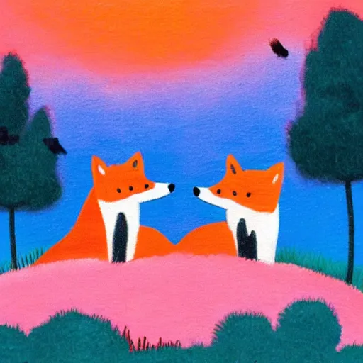 Prompt: foxes in a field made of cotton candy, orange sky