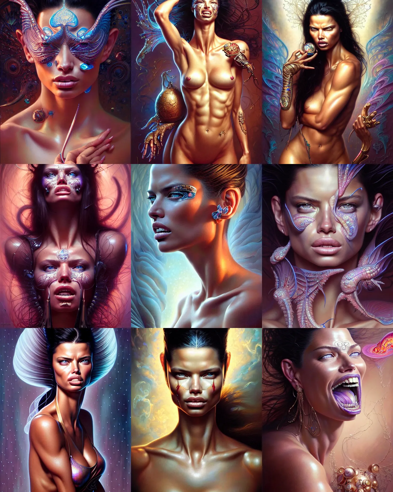 Prompt: beautiful portrait, adriana lima, ultra realistic, in pain, laughing, intricate details, holographic artifacts, highly detailed by peter mohrbacher, boris vallejo, hajime sorayama, wayne barlowe, paolo eleuteri serpieri